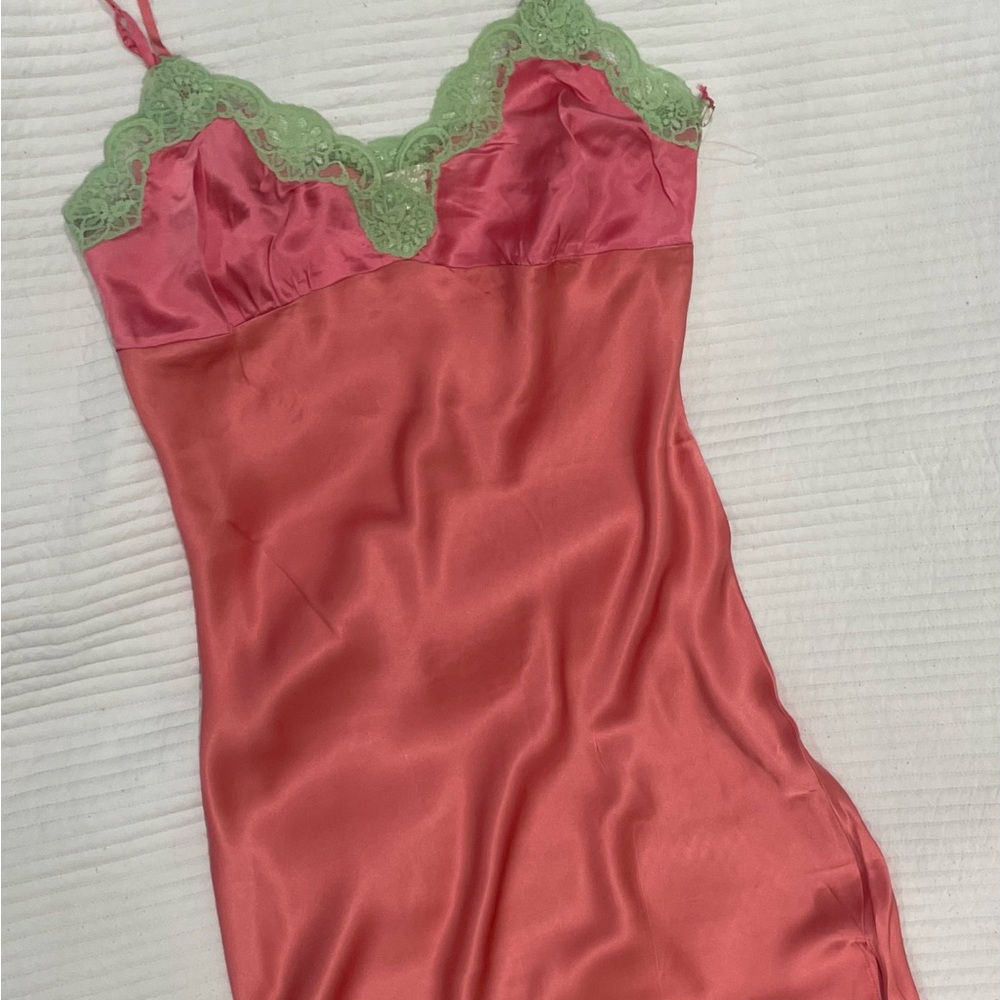 Pink Satin Slip with Pale Green Lace Trim - Women's Intimates ( Large) - Picture 5 of 11